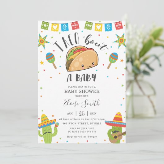 Cute Kawaii Taco'Bout a Baby Fiesta Baby shower Kaart (Staand voorkant)