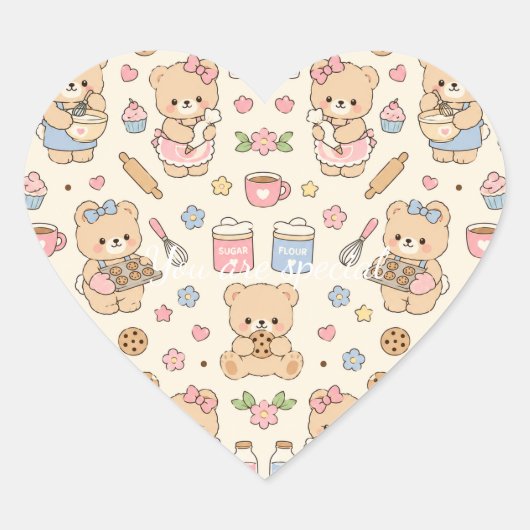 Cute Kawaii Teddy Bear Baking Pattern | Cozy Kitch Hart Sticker (Voorkant)