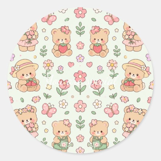 Cute Kawaii Teddy Bear Flower Garden Pattern | Pas Ronde Sticker (Voorkant)