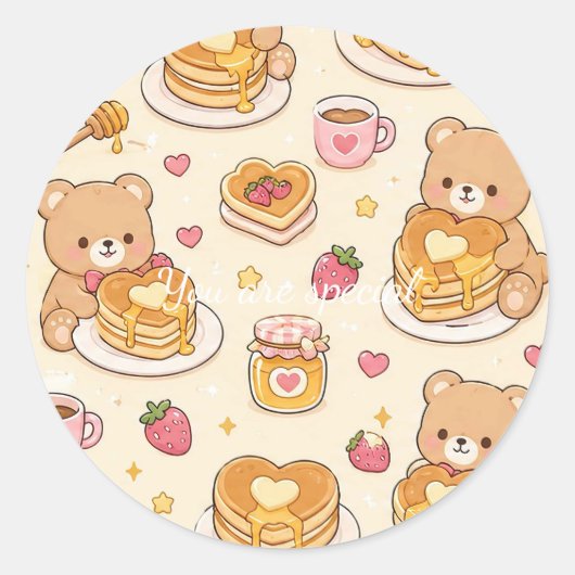 Cute Kawaii Teddy Bear Pancake Pattern Ronde Sticker (Voorkant)