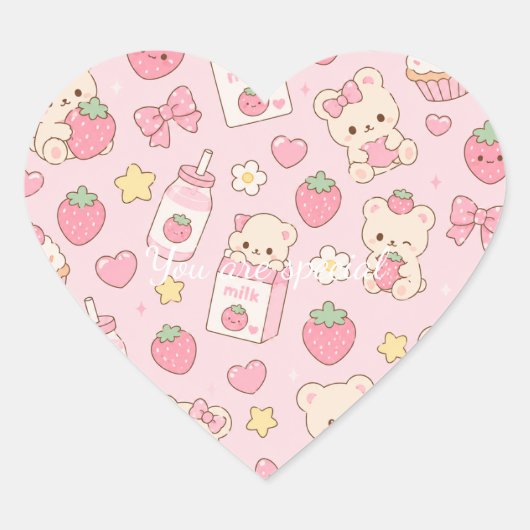 Cute Kawaii Teddy Bear Strawberry Pattern | Pink  Hart Sticker (Voorkant)