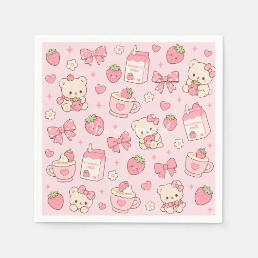 Cute Kawaii Teddy Bear Strawberry Pattern Sticker Servet (Voorkant)