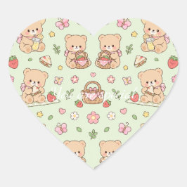 Cute Kawaii Teddy Bear Strawberry Picnic Pattern  Hart Sticker