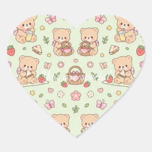Cute Kawaii Teddy Bear Strawberry Picnic Pattern Hart Sticker (Voorkant)