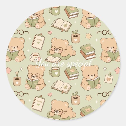 Cute Kawaii Teddy Bear Study Pattern | Cozy Readin Ronde Sticker (Voorkant)