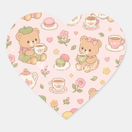 Cute Kawaii Teddy Bear Tea Party Pattern | Pastel Hart Sticker (Voorkant)