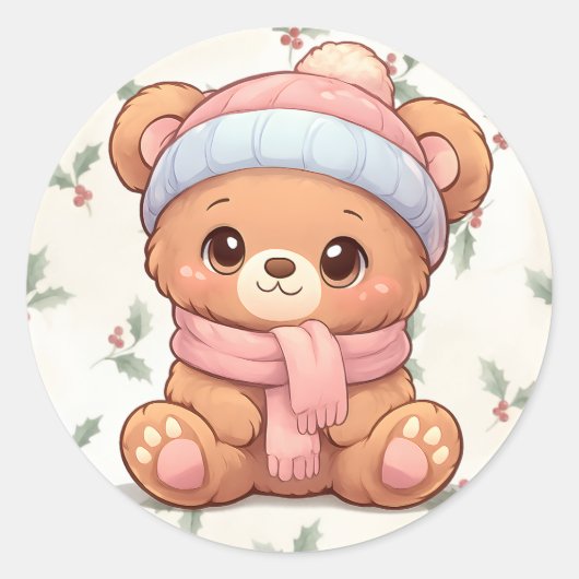 Cute Kawaii Teddy Bear Winter Sticker (Voorkant)