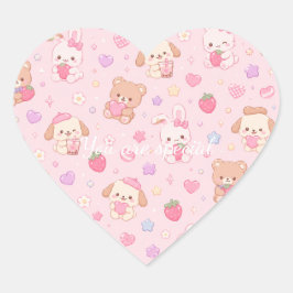 Cute Kawaii Teddy Bears & Strawberries Pattern  Hart Sticker