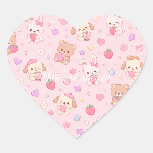 Cute Kawaii Teddy Bears & Strawberries Pattern  Hart Sticker (Voorkant)