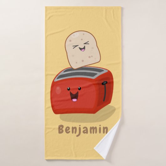 Cute kawaii toast en red toaster cartoon bad handdoek (Badhanddoek)