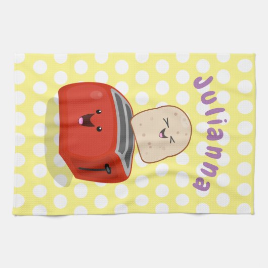 Cute kawaii toast en red toaster cartoon theedoek (Horizontaal)