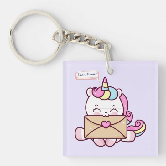 Cute Kawaii Unicorn Love Illustration Sleutelhanger (voorkant)