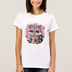 Cute Kawaii Wasbeer Hart Zonnebril Pastel Roze T-S T-shirt