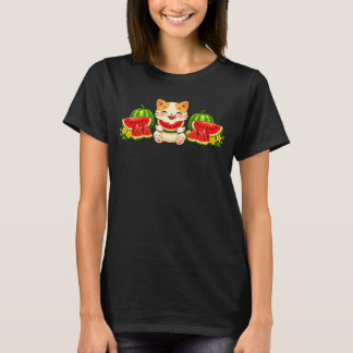 Cute Kawaii Watermelon Cat Summer Illustration T-shirt