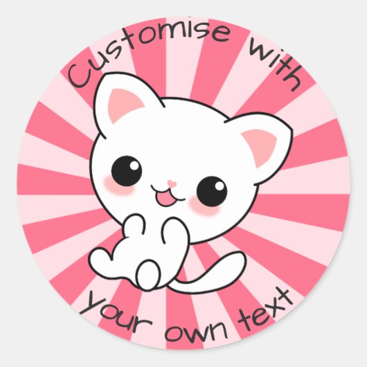 Cute kawaii White Cat Custom Roze Ronde Sticker (Voorkant)