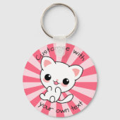 Cute kawaii White Cat Custom Text Roze Sleutelhanger (Voorkant)