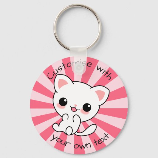 Cute kawaii White Cat Custom Text Roze Sleutelhanger (Voorkant)