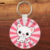 Cute kawaii White Cat Custom Text Roze Sleutelhanger (Voorkant)