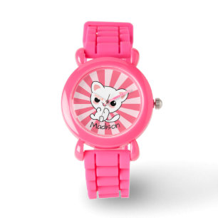 Cute kawaii White Cat Personalized Horloge