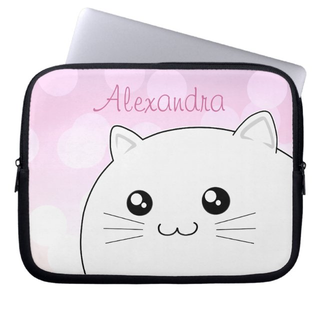 Cute kawaii white kitty cat laptop sleeve (Voorkant)