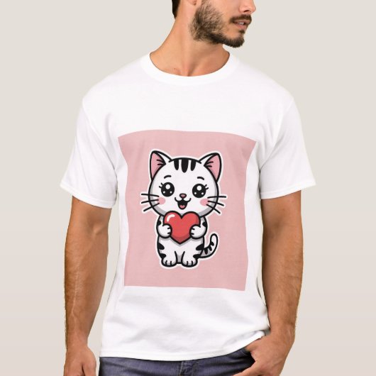 Cute Kawaii White Tabby Cat Holding Red Heart ✨❤️ T-shirt (Voorkant)