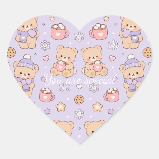 Cute Kawaii Winter Teddy Bear Pattern | Purple Hart Sticker (Voorkant)
