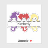 Cute Kawaii Witch Sisters Cats Name Monogram Sticker (Vel)