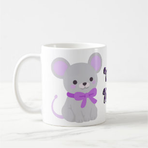Cute Kawaii Zittende Grijze Muis Paarse Strik Mok