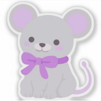 Cute Kawaii Zittende Grijze Muis Paarse Strik Viny Sticker