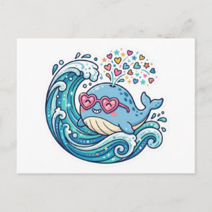 Cute Kawaii Zomer Blauwe Walvis Hart ZonnebrilStic Aankondigingskaart