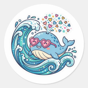 Cute Kawaii Zomer Blauwe Walvis Hart ZonnebrilStic Ronde Sticker