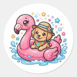 Cute Kawaii Zomer Puppies Flamingo Zwembad FloatSt Ronde Sticker