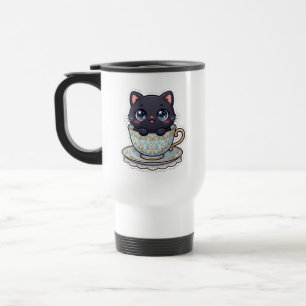 Cute Kawaii Zwarte Kat Vintage Theekop Geïsoleerd  Reisbeker