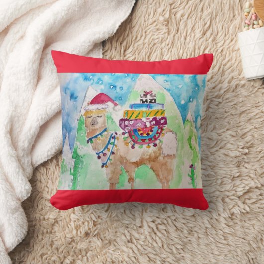 Cute Kerst Llama Waterverf Rood Decor Kussen (Deken)