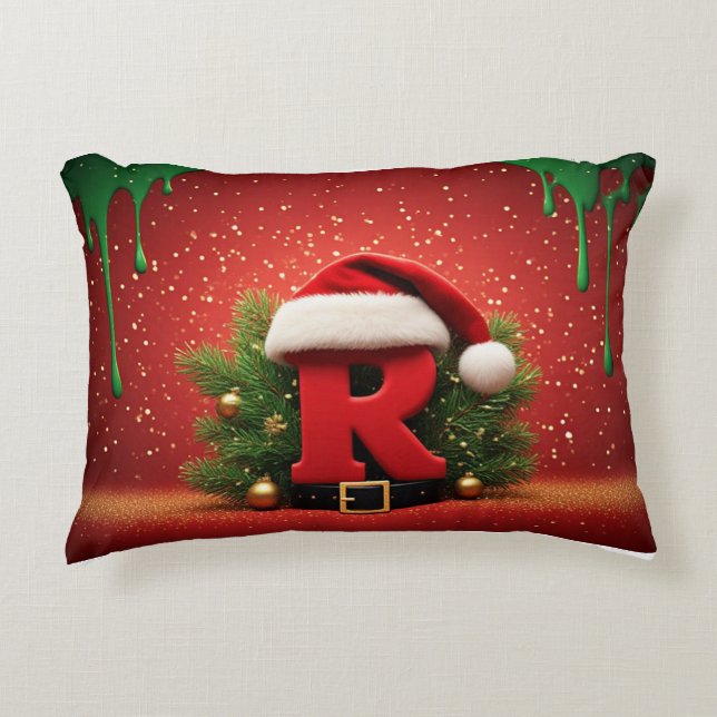 Cute Kerst Monogram R met Santa Hoed Accent Kussen (Voorkant)