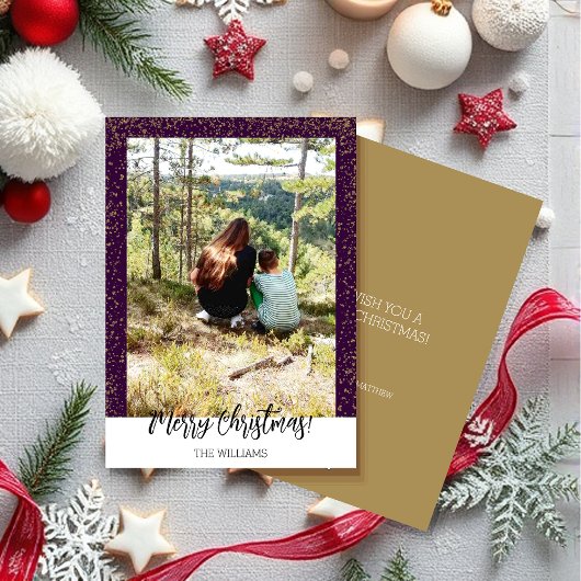 Cute Kerst Omlijst Foto Paarse Glitters Feestdagenkaart