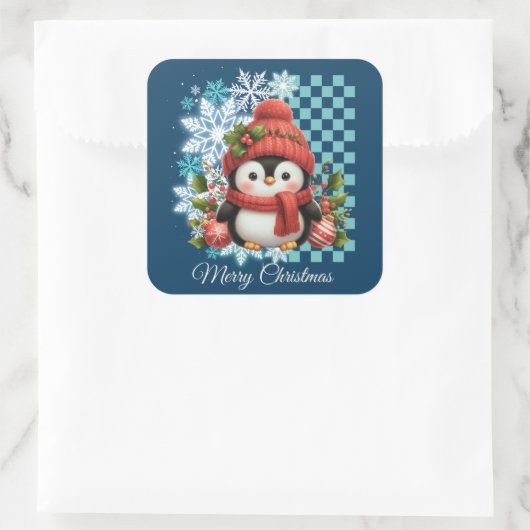 Cute kerst Penguin Vierkante Sticker (Tas)