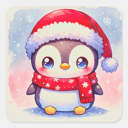 Cute kerst Penguin Vierkante Sticker (Voorkant)