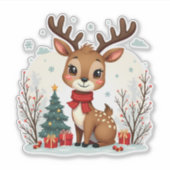Cute Kerst Reindeer Scene Besneeuwd Bos Sticker (Voorkant)