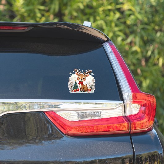 Cute Kerst Reindeer Scene Besneeuwd Bos Sticker (Auto Zijkant)