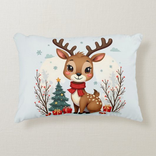 Cute Kerst Rendier Scene Besneeuwd Bos Accent Kussen (Voorkant)