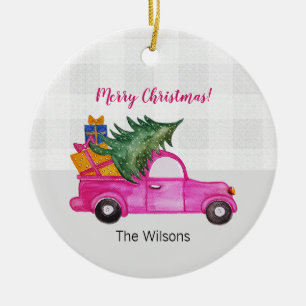 Cute Kerst Roze Truck Met Boom En Wensen Keramisch Ornament