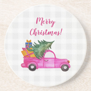 Cute Kerst Roze Truck Met Boom En Wensen Zandsteen Onderzetter