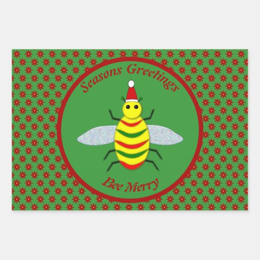 Cute Kerstbee en Poinsettia Flowers Custom Inpakpapier Vel (Voorkant)