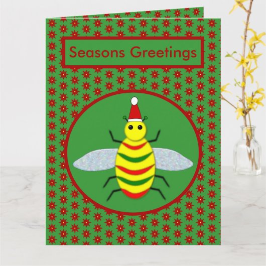 Cute Kerstbee en Poinsettia Flowers Custom Kaart (Gele Bloem)