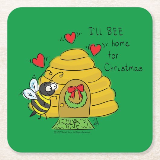 Cute Kerstbee Funny Holiday Cartoon Kartonnen Onderzetters (Voorkant)