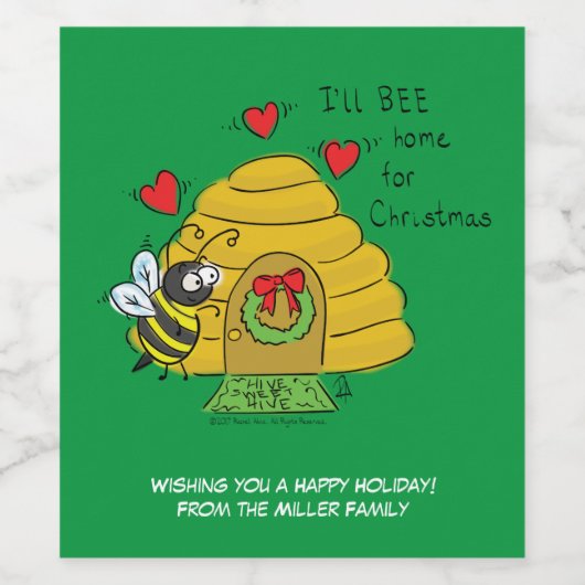 Cute Kerstbee Funny Holiday Cartoon Wijn Etiket (Enkel label)