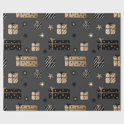 Cute KerstBlack/Gold/White Pattern Cadeaupapier (Vlak)