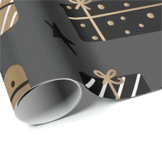 Cute KerstBlack/Gold/White Pattern Cadeaupapier (Rol Hoek)