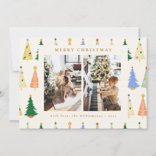 Cute kerstbomen Red Green Boho Three Photo Feestdagenkaart (Voorkant)